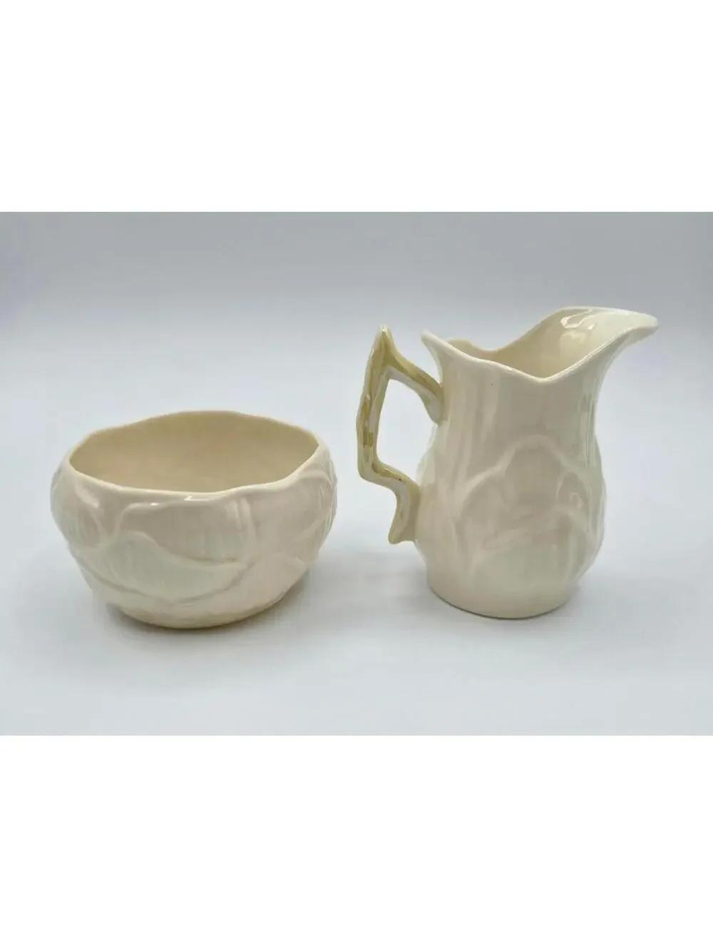 Vintage Belleek Irish Porcelain Lily Pattern Creamer & Sugar Bowl Set Ivory